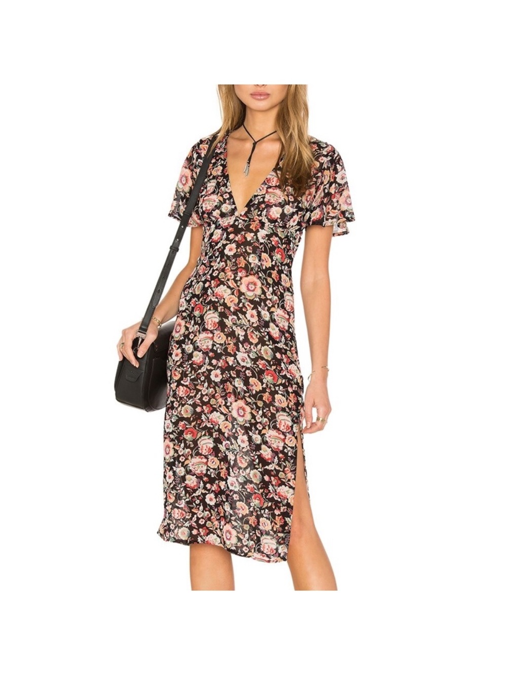 Floral V-Neck Midi Dress in Black